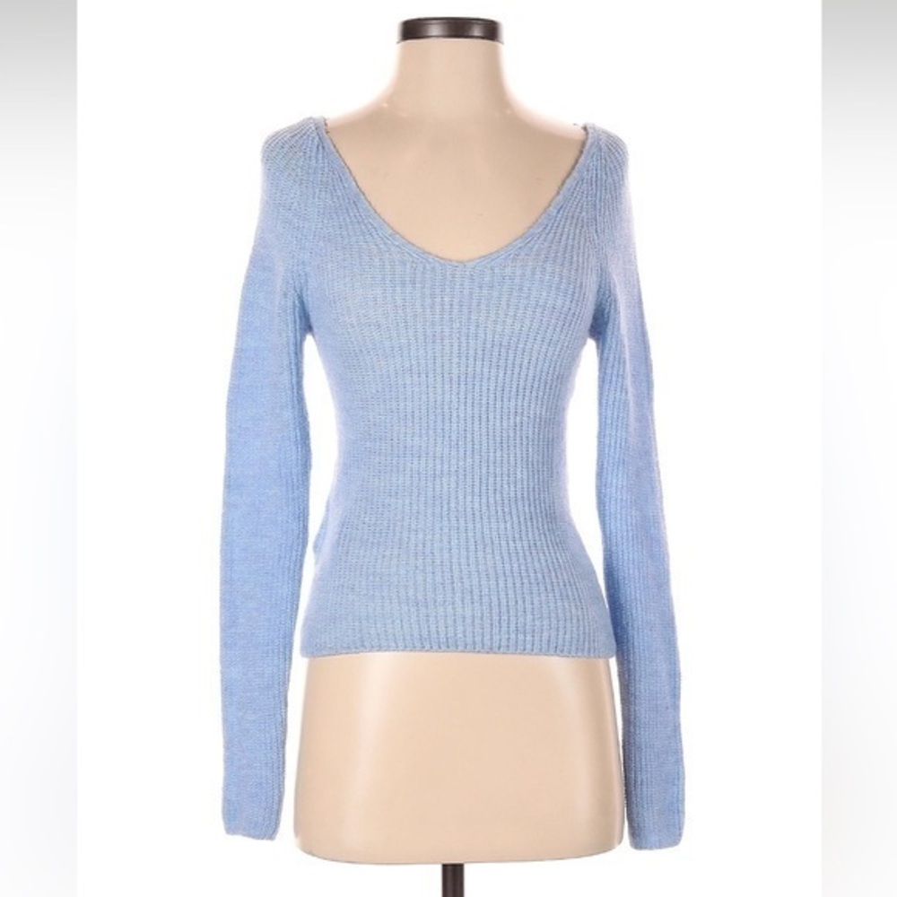 Mango Blue V-Neck Sweater with Ribbed Texture and Long Sleeves